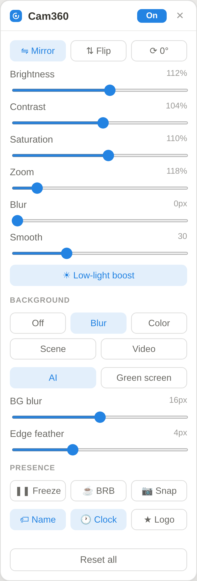 The draggable Cam360 control panel as it appears on top of a call, with sliders and background controls.
