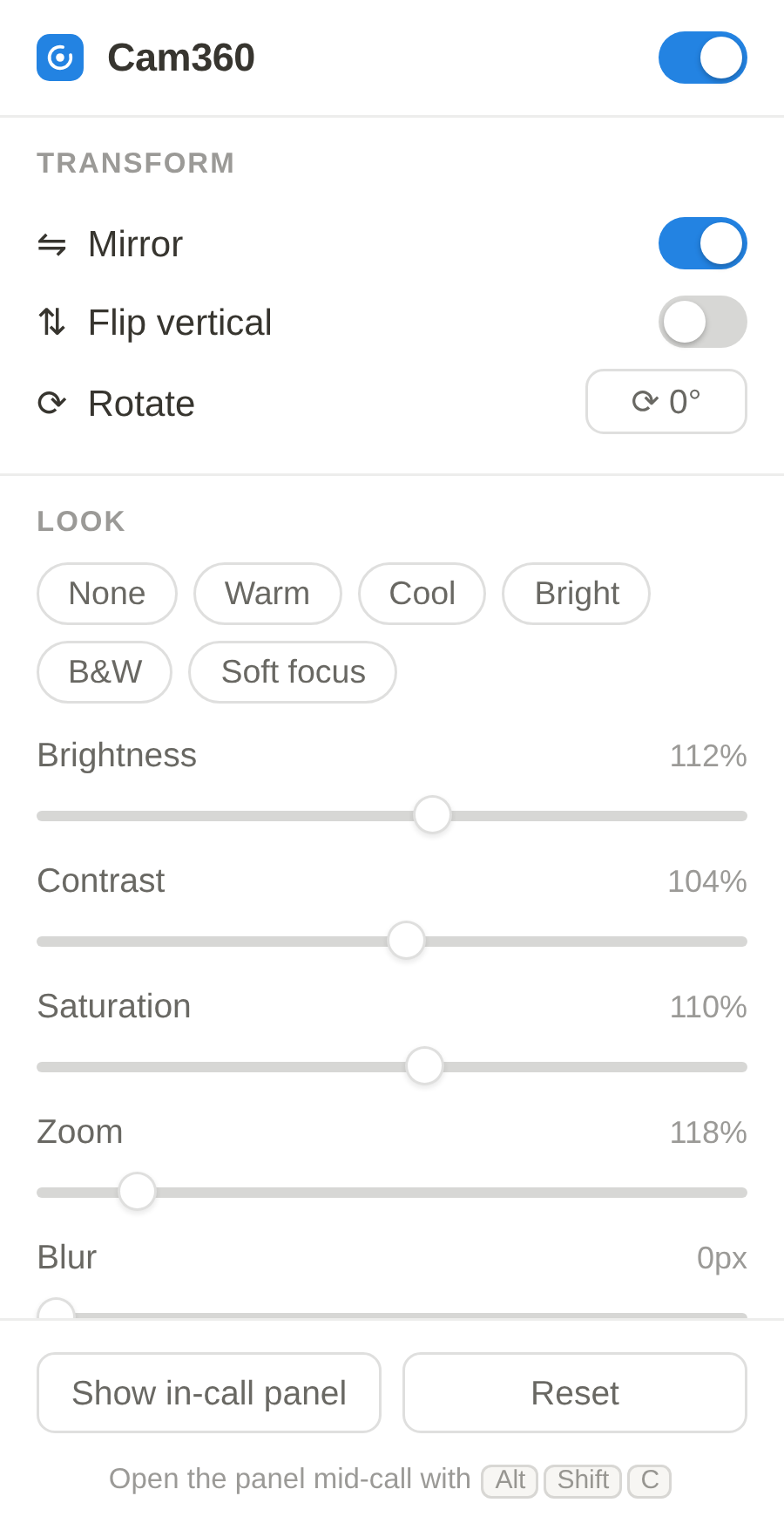 The Cam360 popup showing transform toggles, lighting sliders, background controls, and overlay options.